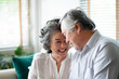 Asian senior couple in love laughing.