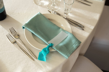 Guest Card and Aquamarine Serviette with lying on the dinner plate.