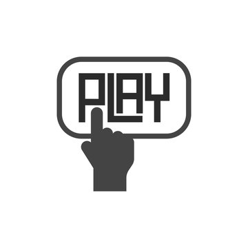 Hand press on button with text play, game icon