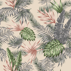 Wall Mural - Tropical leaves seamless vector botanical pattern beige background