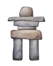 Inuksuk Watercolour Drawing. Traditional Man-made Stone Landmark Used By Inuit And Other Native Peoples Of Arctic Region Of North America, Northern Canada, Greenland, Alaska. Cutout Clipart Element.