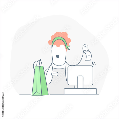 Cashier In Supermarket Seller At The Counter Supermarket Checkout Saleswoman Giving Purchases And Bill To The Client Modern Outline Cartoon Vector Style Illustration Premium Quality Buy This Stock Vector And Explore Select from premium supermarket counter images of the highest quality. adobe stock