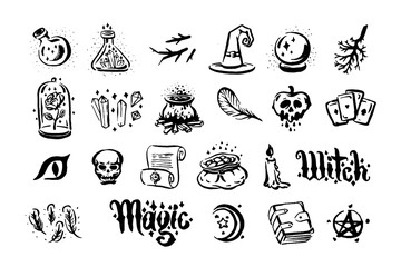 Vector hand drawn illustration of Witch and magic item illustration on white background.