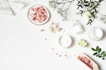 styled beauty corner, web banner. skin cream, tonicum bottle, dry flowers, leaves, rose and himalaya