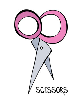 Cartoon style vector illustration of grey, purple scissors with black lettering. Great design elements for sticker, card, print or poster. Unique and fun drawing isolated on white background