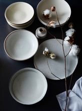 White Plates With Cotton Bloom