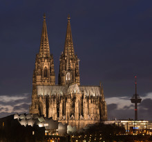 Germany, Cologne, Lighted Museum Ludwig, Cologne Cathedral And Television Tower At Dusk