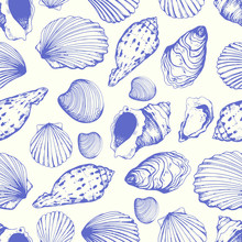 Seamless Pattern. Vector Illustration Of Handdrawn Seashells In Sketch Style On White Background. Beach Design.