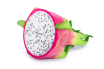 half of Ripe Dragon fruit, Pitaya or Pitahaya isolated on white background, fruit healthy concept