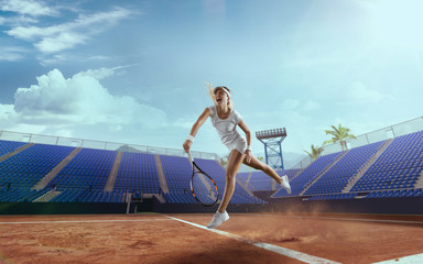 Poster - Tennis girl on a professional tennis court.