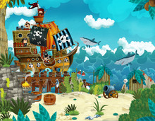 Cartoon Scene Of Beach Near The Sea Or Ocean - Pirate Ship - Illustration For Children