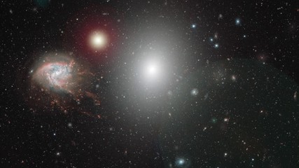 Wall Mural - Coma cluster, large galaxies cluster in outer space rotating on star field moving flare light. Contains public domain image by Nasa