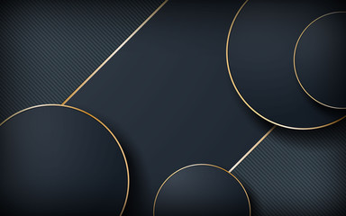 Luxury abstract dark background with circle shape. Realistic golden line and shapes textured object.