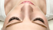 Female face with eyelash extensions, well groomed skin, top view, close up, selective focus