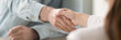 Close up panoramic image businesswoman and businessman shaking hands 