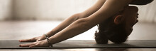 Horizontal Photo Sportive Woman Practice Yoga Doing Downward Facing Dog