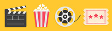Cinema Icon Set Line. Popcorn Box Package Big Movie Reel. Open Clapper Board. Ticket Admit One. Three Star. Flat Design Style. Yellow Background. Isolated.