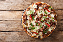 Fresh Pizza With Pulled Pork, Mozzarella Cheese, Chilli And Barbecue Sauce Close-up. Horizontal Top View