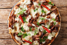 Spicy Pulled Pork Pizza With Mozzarella Cheese, Herbs And Barbecue Sauce Close-up. Horizontal Top View