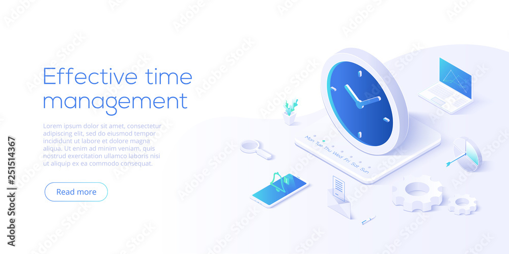 Effective time management isometric vector illustration. Task prioritizing organization for effective  productivity. Job schedule optimization concept. Web banner layout template. - obrazy, fototapety, plakaty 