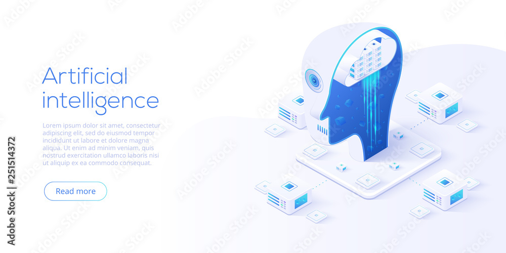 Artificial intelligence or neural network concept in isometric vector illustration. Neuronet or ai technology background with robot head and connections of neurons. Web banner layout template. - obrazy, fototapety, plakaty 