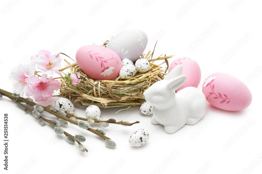 Wielkanoc jajka i ozdoby świąteczne na białym tle - obrazy, fototapety, plakaty 