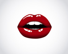 Red Girl Lips. Woman Sexy Red Mouth. Female Chic Velvet Kiss With Lipstick, Gloss.Valentines, Mothers Day Logo.