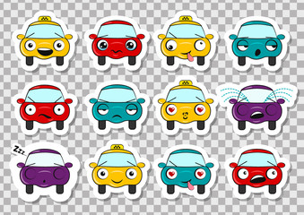 Set of stickers with funny cartoon cars on a transparent background. Vector illustration