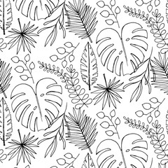 Sticker - beach cheerful pattern wallpaper of tropical dark green leaves of palm trees and flowers bird of par