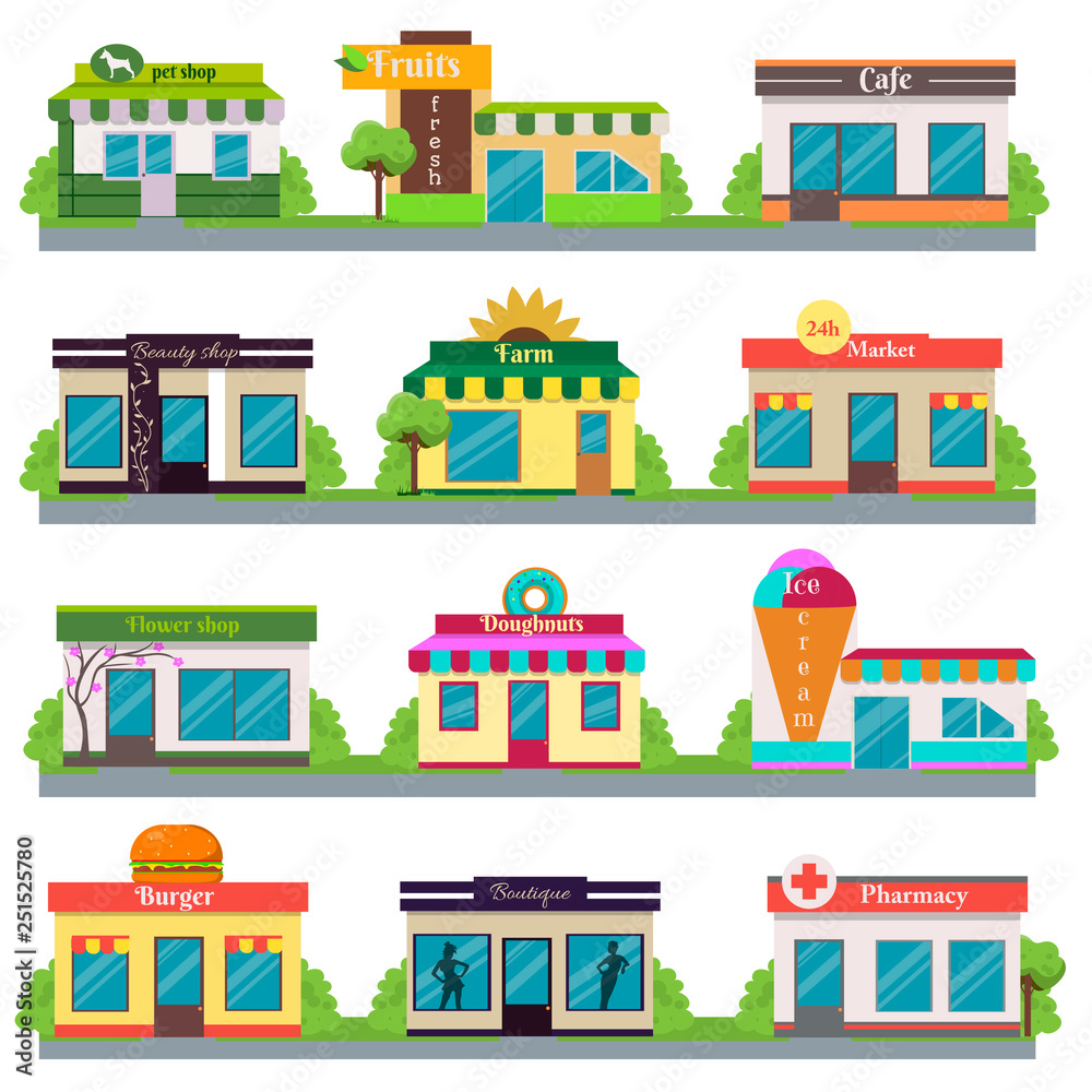 Set of vector flat design restaurants and shops facade icons. The set ...