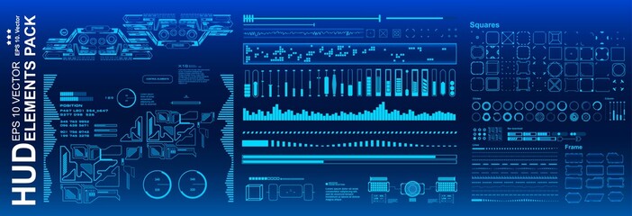 Fototapete - HUD elements mega set pack. Dashboard blue display virtual reality technology screen. Futuristic blue user interface.
