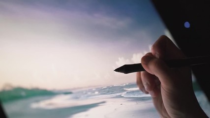 Wall Mural - digital artist photographer edit his artwork photography on interactive tablet computer in night off