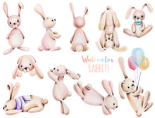 Collection, Set Of Watercolor Cute Rabbits Illustrations, Hand Drawn Isolated On A White Background
