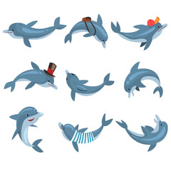 Poster - Cute Dolphins Set, Cartoon Sea Animal Characters In Different Pose Vector Illustration