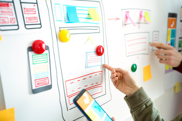 Poster - Designing application for mobile phone. The specialist creates a prototype user experience interface, graphic design. Innovative technologies.	