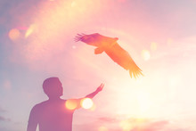 Man Raise Open Hand Up On Sunset Sky With Eagle Bird Fly Abstract Background.