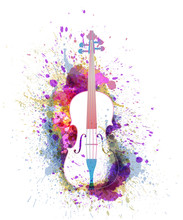 White Cello Or Violin With Bright Colorful Splashes. Creative Music Concept. Vectot Illustration