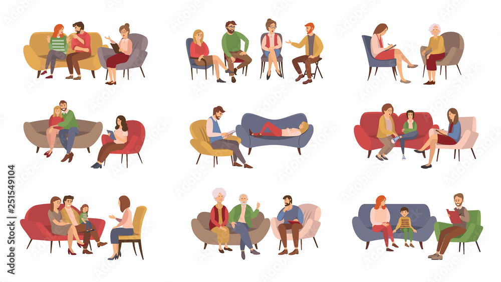 Psychotherapist services, psychotherapy session vector. Couples and families, kids and teenagers or adults getting psychological help, rehabilitation group - obrazy, fototapety, plakaty 