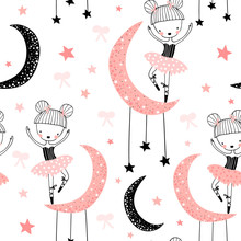 Childish Seamless Pattern With Cute Hand Drawn Ballerina Dancing On The Moon In Scandinavian Style. Creative Vector Childish Background For Fabric, Textile