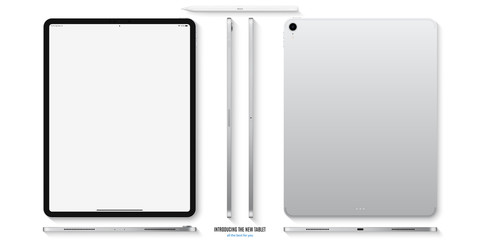tablet mockup in silver color with blank screen front, back and side on white background. stock vector illustration eps10