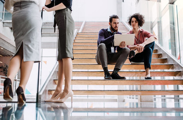 Wall Mural - Group of young businesspeople stitting on a staircase, talking.