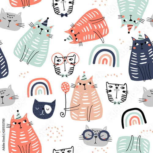 Fotografija Seamless childish pattern with funny colorful cats and ranbows