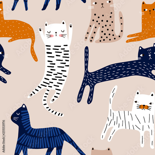 Seamless pattern with cute colorful cats Poster Mural XXL