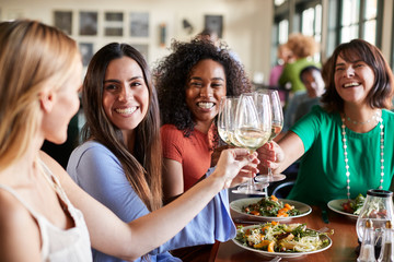 Group Of Female Friends Making A Toast At Meal In Restaurant