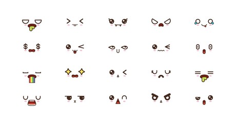 Wall Mural - Kawaii cute faces smile emoticons. Japanese emoji