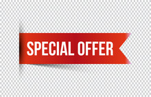 Red Special Offer Banner With Shadow On Transparent Background. Can Be Used With Any Background. Vector Illustration.