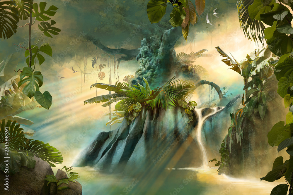 Big old tree in the jungle, fantasy dream landscape - obrazy, fototapety, plakaty 