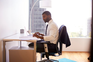 Wall Mural - Businessman Sitting At Desk Working On Laptop In Modern Office