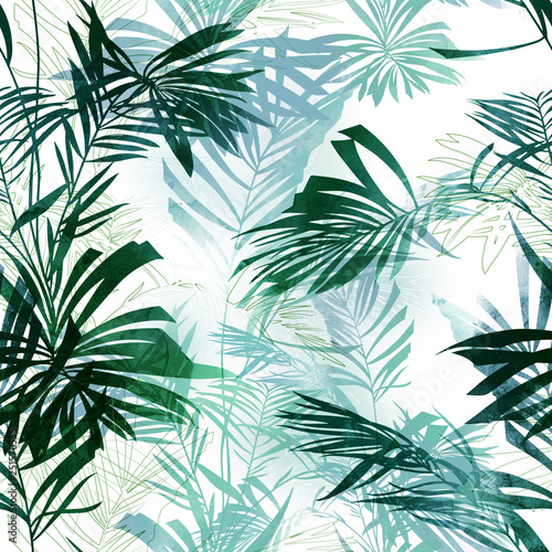 Naklejka na szybę imprints palm leaves mix repeat seamless pattern. digital hand drawn picture with watercolour texture. mixed media