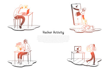 Aufkleber - hacker activity - hackers trying to destroy digital systems and get information vector concept set